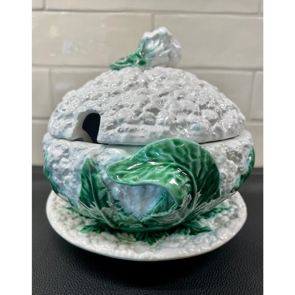 1930s Bordallo Pinheiro Cauliflower Cabbage Tureen Lidded Dish Underplate - Picture 2 of 12